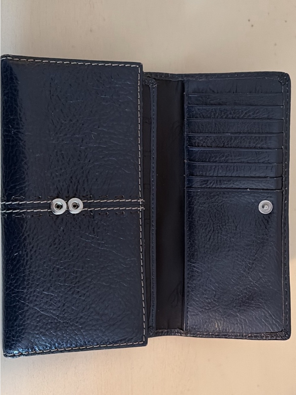 Blue Leather Snap Wallet with Contrast Stitching